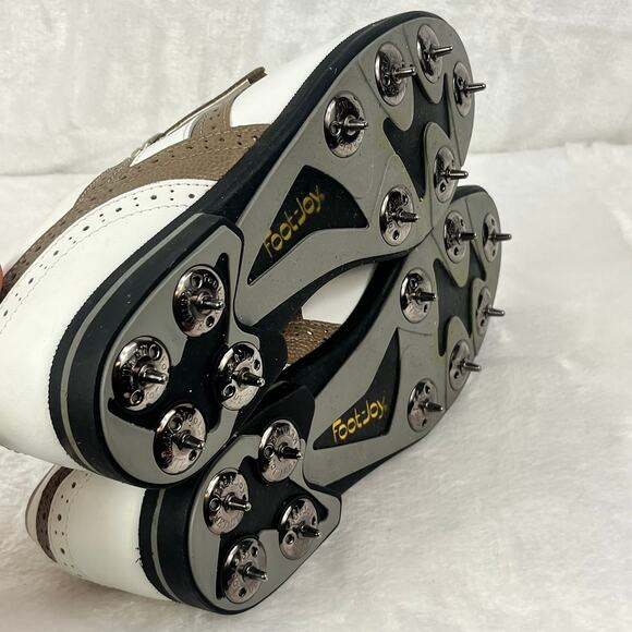FootJoy DryJoys 6.5M White Brown Waterproof Leather Golf Shoes Metal Spike USA